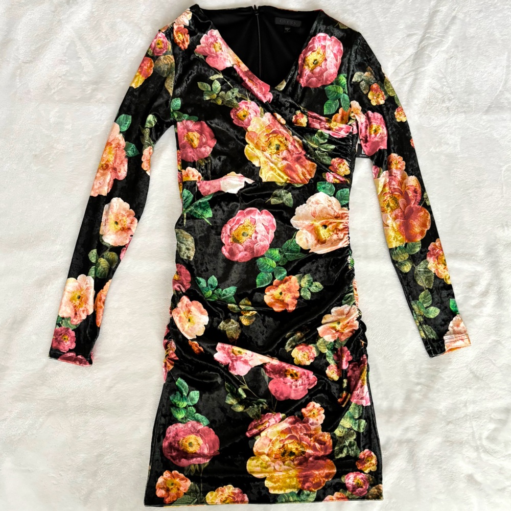GUESS Eco Tess Peony Charm Print Long Sleeve Velvet Mini Dress--NWT--S - Picture 10 of 16